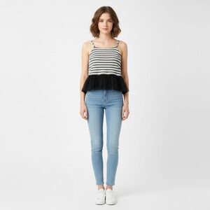 Sunday in Brooklyn Striped Black and White Tulle Hem Tank Top